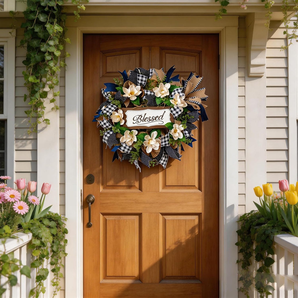 22 inch spring wreath blessed magnolia wreath with on a desk or shelf