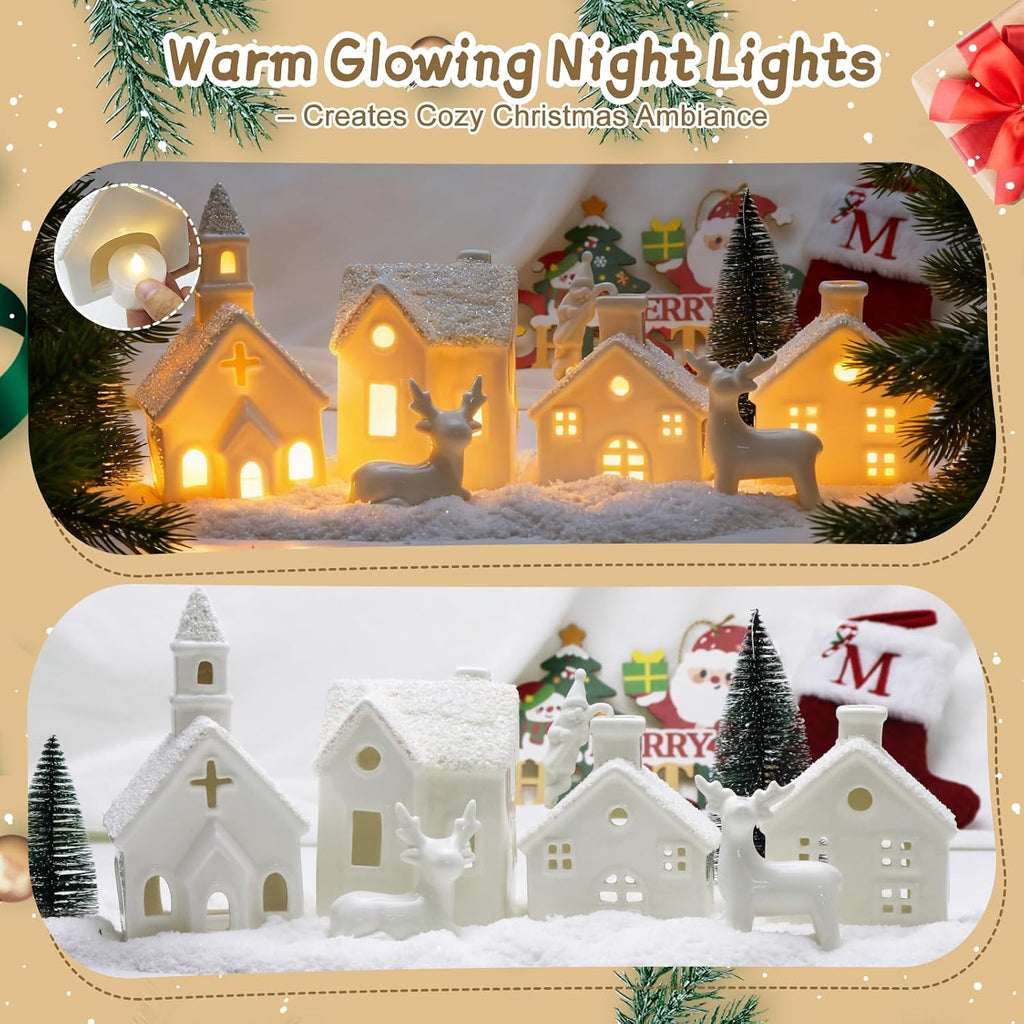 christmas village sets,4 ceramic houses with led lights, close-up detail