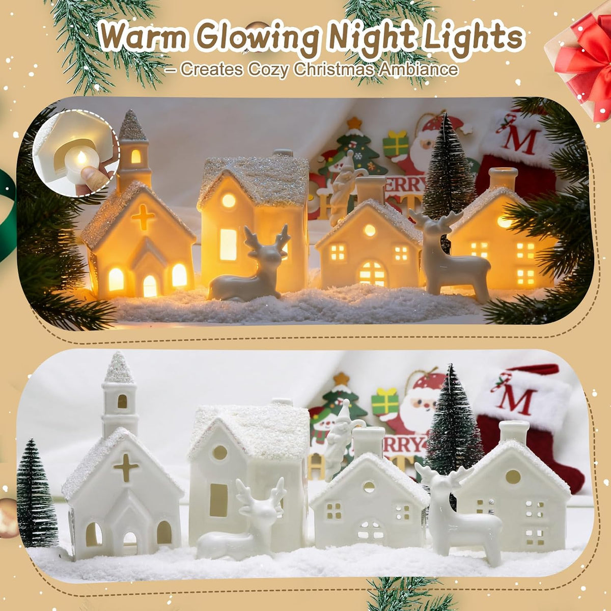 christmas village sets,4 ceramic houses with led lights, close-up detail
