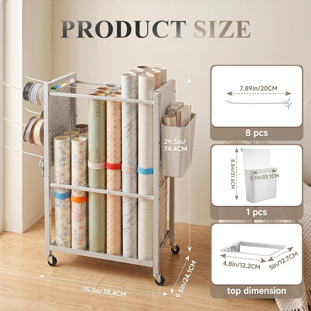 adjustable wrapping paper organizer cart with hooks & shown in use
