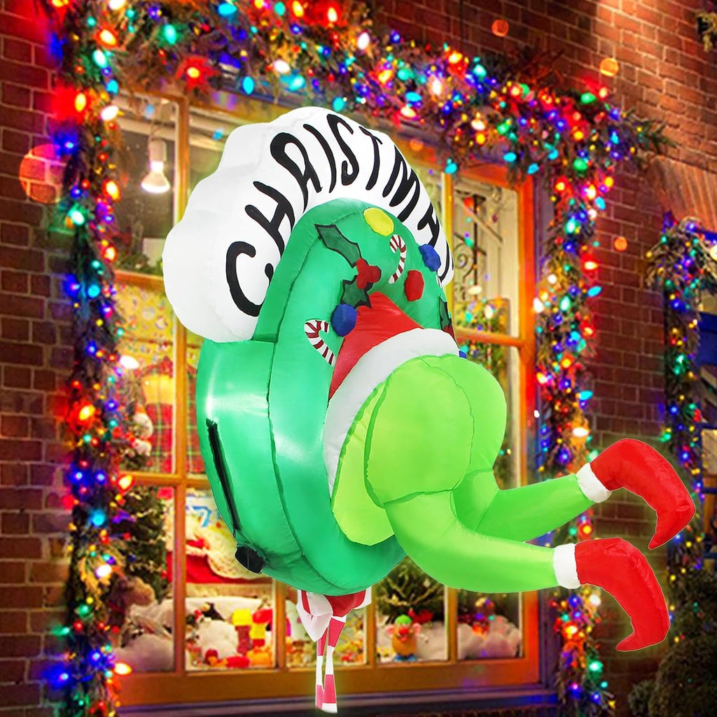 3.5FT Christmas Inflatable Outdoor Decorations Broke Out from Window with Wreath, Lighted Blow Up Yard Decor with Built-in LED Lights for Outside Indoor Yard Window Party Garden