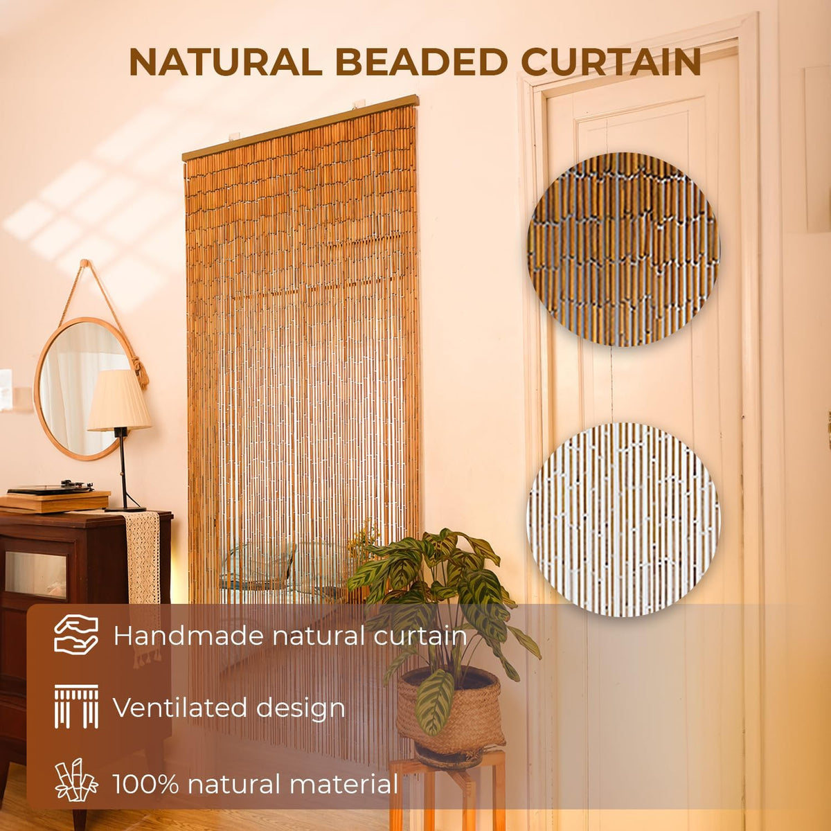 minimalist natural wooden beaded curtain - durable wood, side view