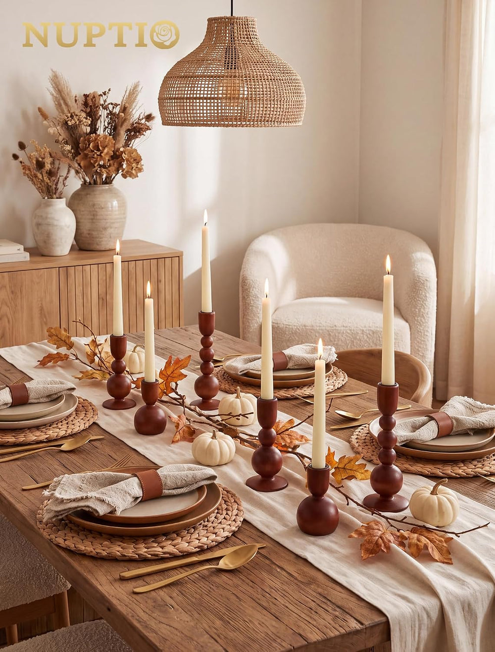 NUPTIO Wooden Taper Candle Holders, Set of 6 Brown Candlesticks