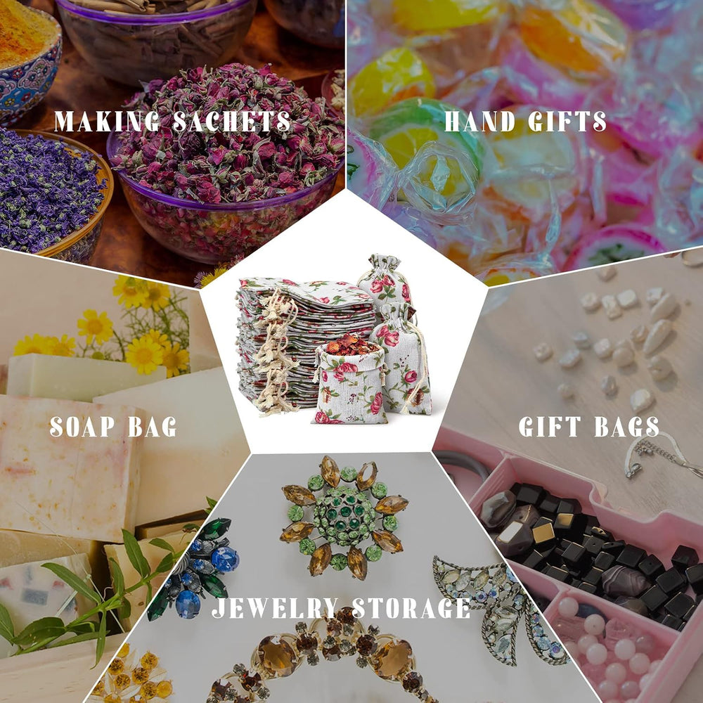Pangda 100 Pcs Floral Burlap Drawstring Bags Small Rose Pouches for Jewelry