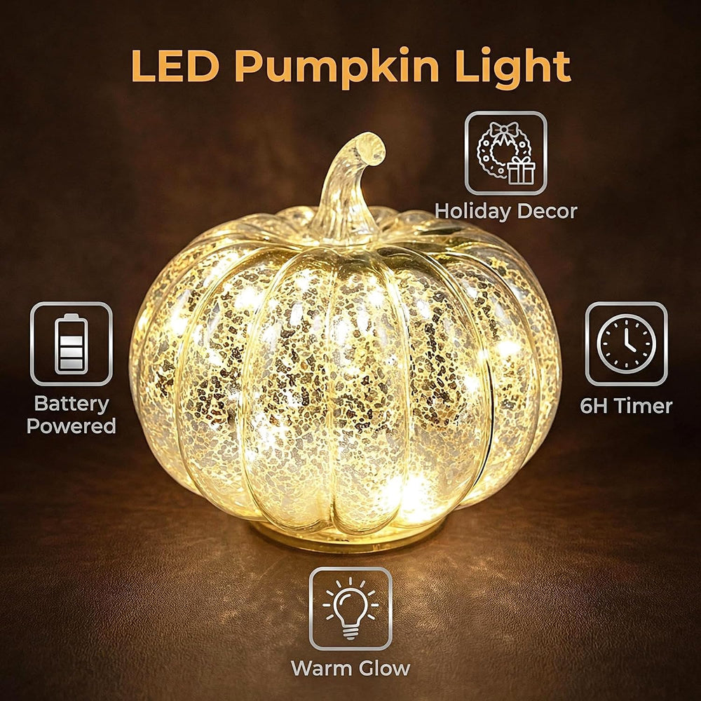Fall Decorations for Home,Mercury Glass Pumpkin Lights with Timer(Silver)