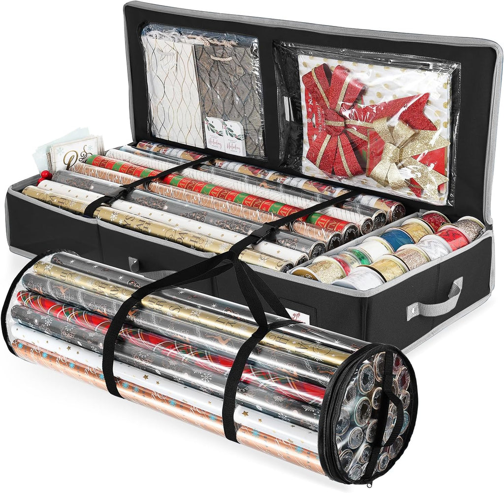 hearth & harbor wrapping paper storage container and shown in use