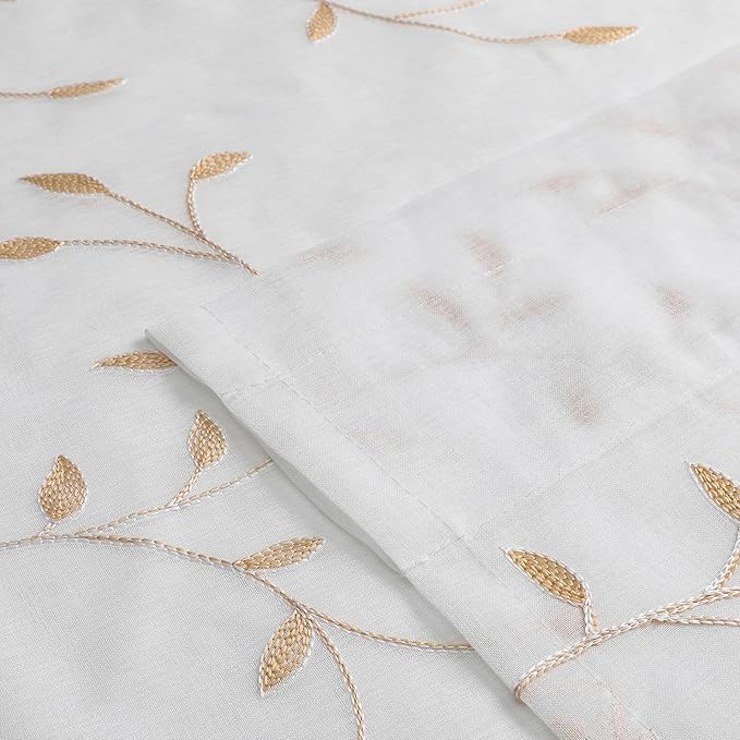 VISIONTEX White Sheer Voile Curtains, Decorative Orange Leaves Embroidery Faux Linen Rod Pocket Window Drapes for Home Kitchen, Living Room and Bedroom 54 x 63 Inch, Set of 2 Curtain Panels