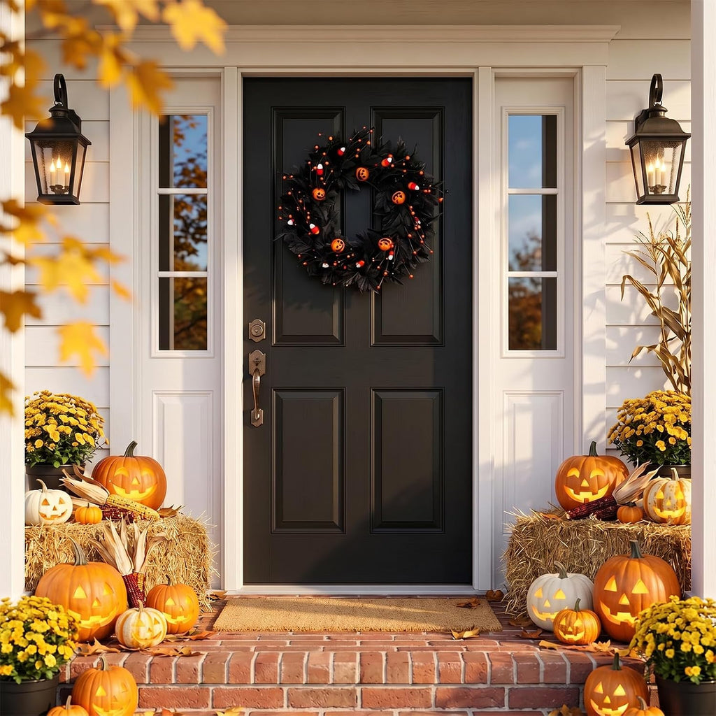 pumpkin halloween wreath 24 inch black maple leave, close-up detail