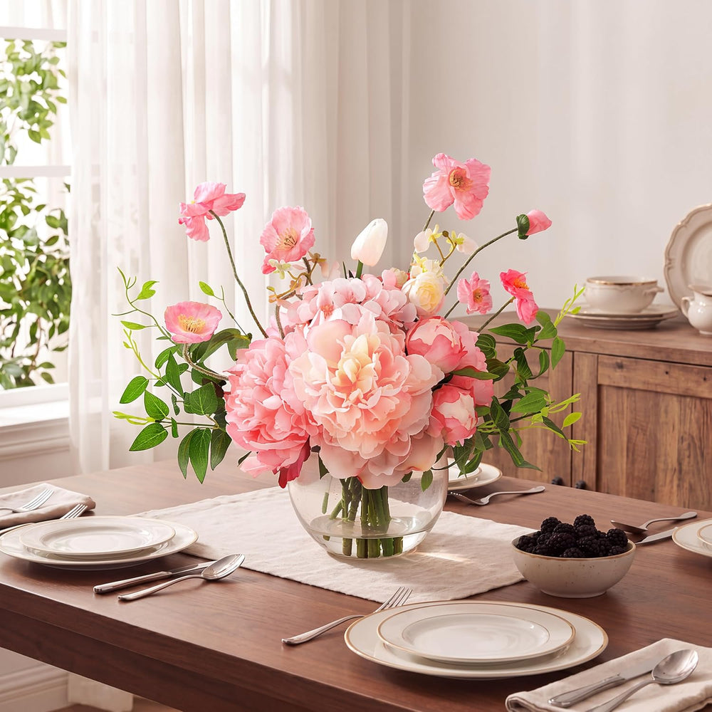 Peonies Artificial Flowers in Vase, Pink Artificial Flowers with Faux Water, ...