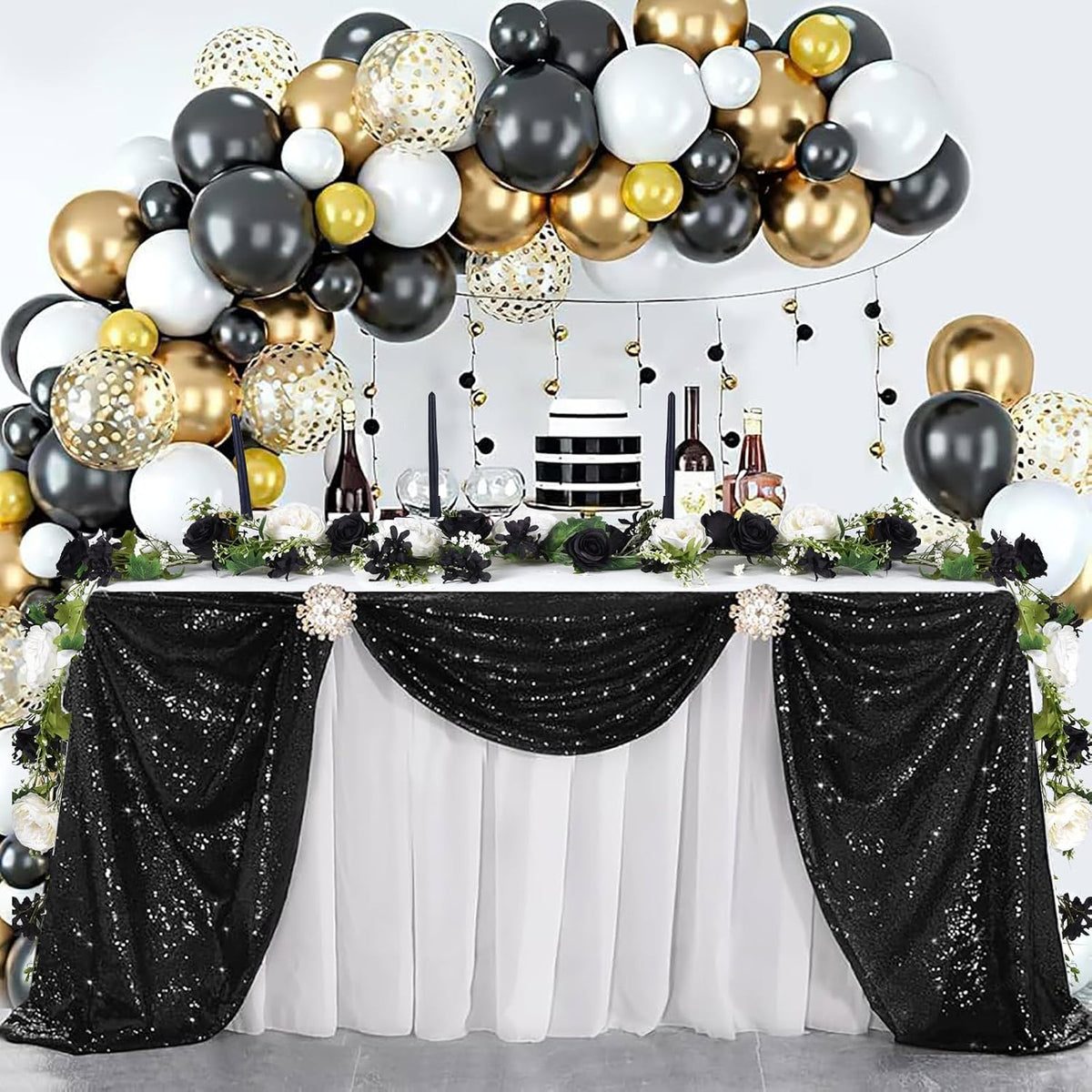 Lvydec 2 Pack Artificial Peony Flower Garland - 6ft Silk Peony Flower Garland for Wedding Party Table Decoration (Black&White)