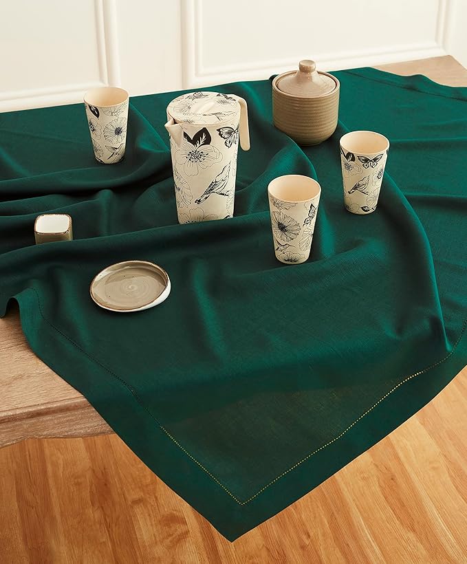 Solino Home Rainforest Green Linen Tablecloth 52 x 52 Inch - 100% Pure Linen Square Table Throw - Classic Hemstitch, Machine Washable Table Cloth for Fall, Autumn, Thanksgiving, Christmas, Holiday