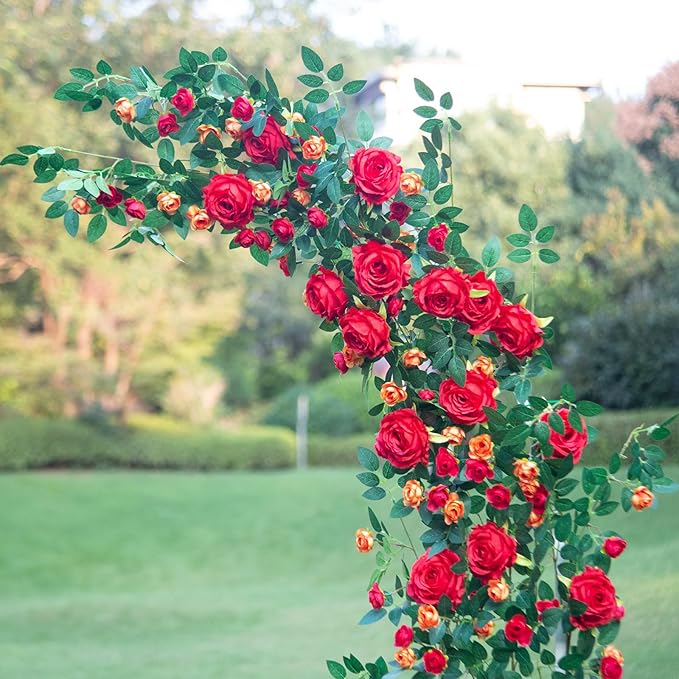 6FT Pink Flower Garland Artificial Rose Vines Hanging Floral Garland for Home Decor Wall Trellis Fence Wall Decoration (Red 2pcs)