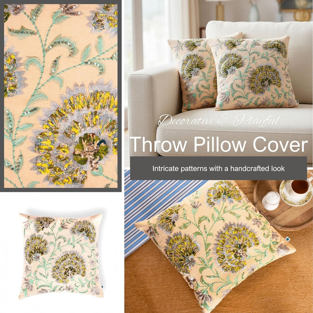 ZOMI Embroidered Patchwork Throw Pillow Covers 18x18 Inch Set of 2 Beaded Flo...