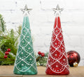 Red Co. Set of 2 Assorted Glass 9.5" Christmas Tree Figurine Ornaments with LED Lights, Light-Up Holiday Season Décor – Festive Red and Green