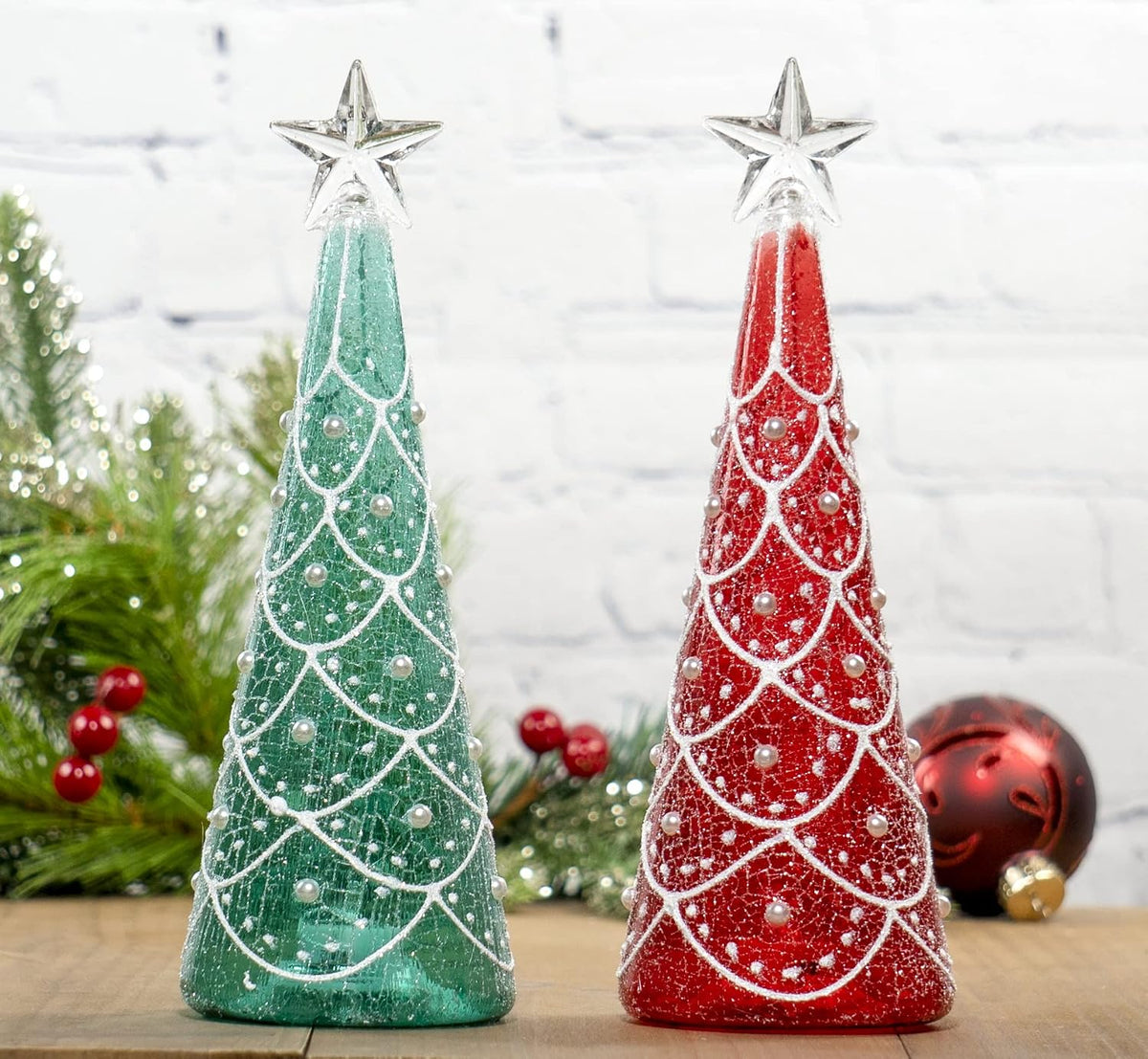 Red Co. Set of 2 Assorted Glass 9.5" Christmas Tree Figurine Ornaments with LED Lights, Light-Up Holiday Season Décor – Festive Red and Green