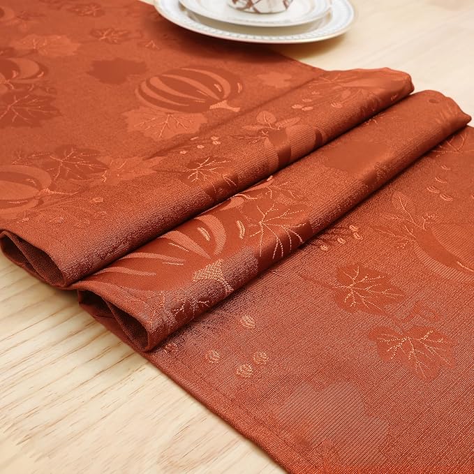 Smiry Thanksgiving Table Runner, 13x72 Inch Waterproof Fabric Damask Table Runner for Harvest Parties and Holidays, Terracotta