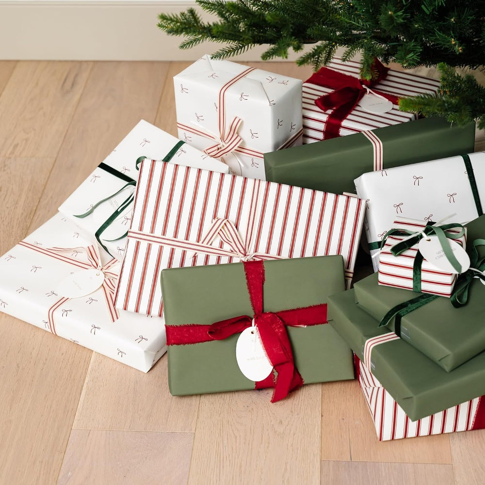 Merry Market Satin Christmas Wrapping Paper (Bows, Stripes, Solid Green)