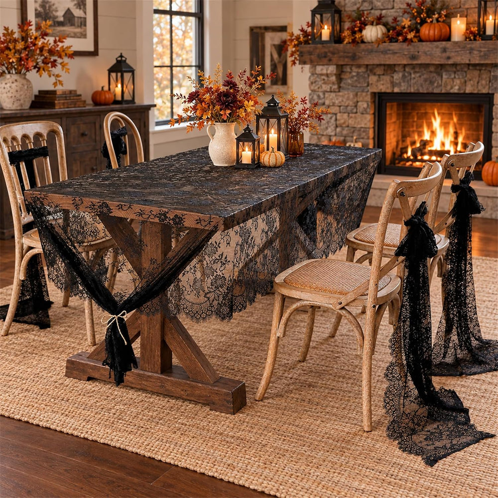 3Pcs Black Lace Tablecloth 60x120 Inch Rustic Halloween Home Decor