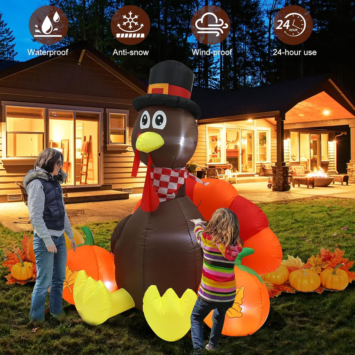 6 ft turkey thanksgiving inflatable decoration with led, side view