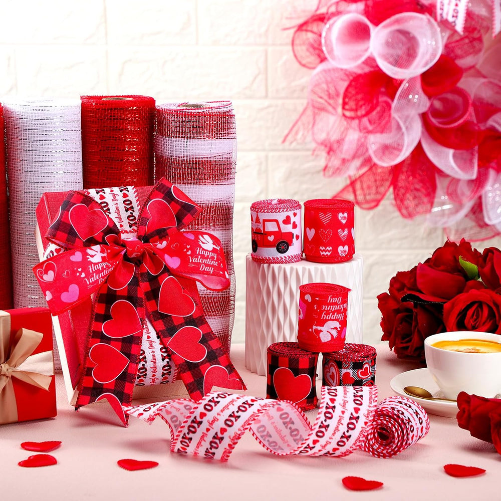 10 Pcs Valentine's Day Ribbon Including 4 Rolls Mesh Ribbon and 6 Rolls H...