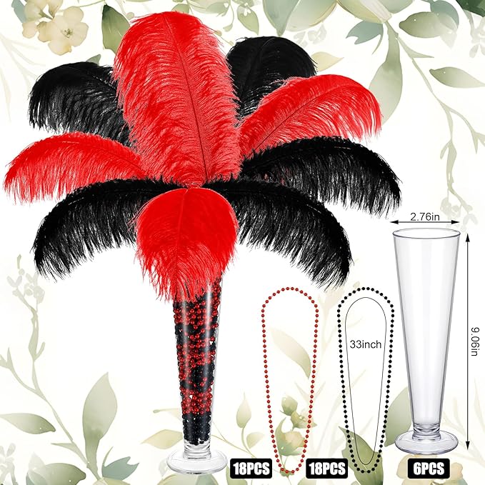 6 Sets Wedding Table Centerpiece Accessories Including 159 Pieces Natural Ostrich Feather Bulk Plastic Vases and Beads Necklaces for Wedding Home Party Centerpiece Supplies(Black, Red)