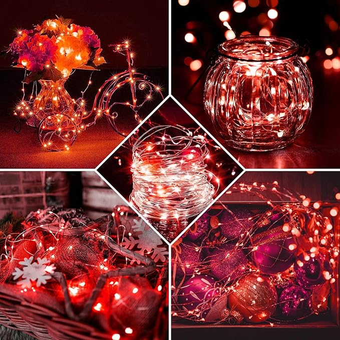 50 Pack Red Fairy Lights 7Ft 20 LED Twinkle String Lights 3 Modes Battery Operated Waterproof Firefly Starry for Mason Jar Party Wedding Christmas Valentines Day Table Centerpieces