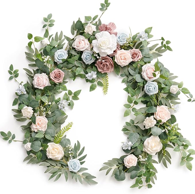 Ling's Moment Flower Garland - 6FT Eucalyptus & Rose - Sweetheart Table Decor for Wedding Reception, Artificial Floral Garland for Mantle, Thanksgiving, Christmas Decoration, Blush Powder Blue