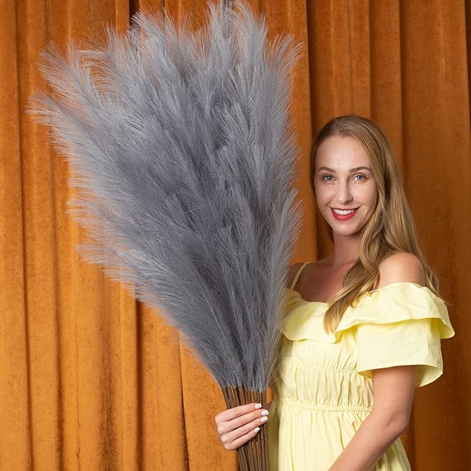 Faux Pampas Grass 6 Stems, Artificial Pampas Grass - 43''/3.6FT Total Extra Large Pompass Grass Tall Pompous Boho Flower Arrangement and Floor Vase Filler Home Decor for Room Wedding Party (Grey)