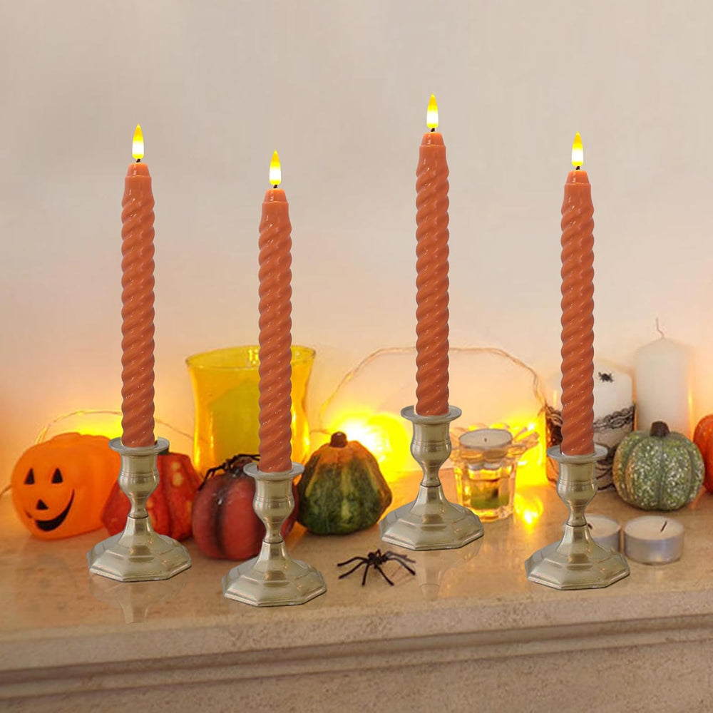 Pumpkin LED Flameless Spiral Taper Candles, 9.8", Real Wax, Fall Decor