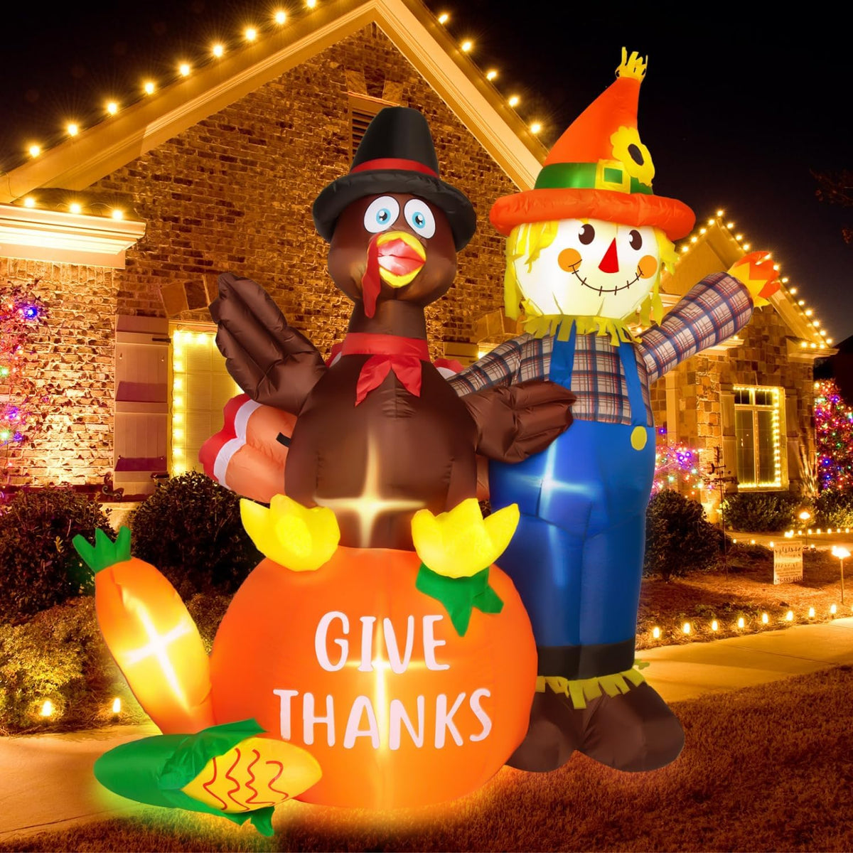 6 ft thanksgiving inflatables turkey and scarecrow decor, front angle view