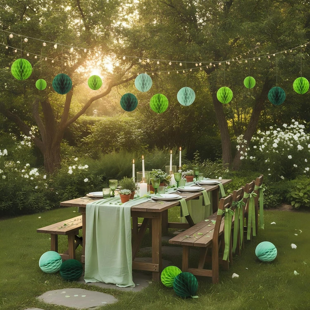 green paper honeycomb balls,12 pack hanging tissue pom showing dimensions
