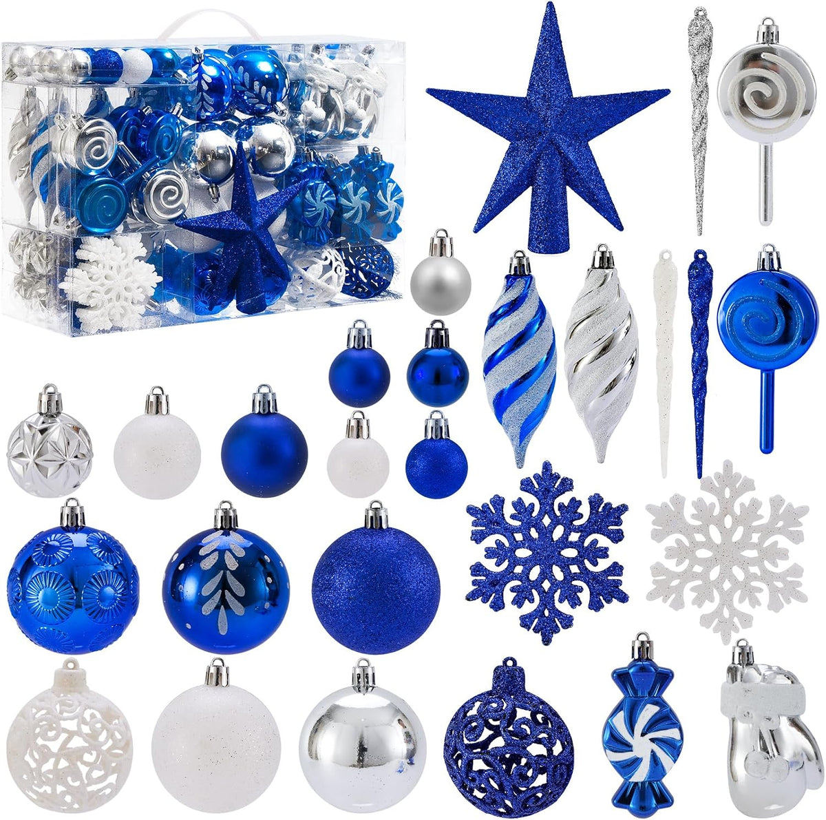 130 Pcs Blue, Silver & White Christmas Ball Ornaments, Shatterproof