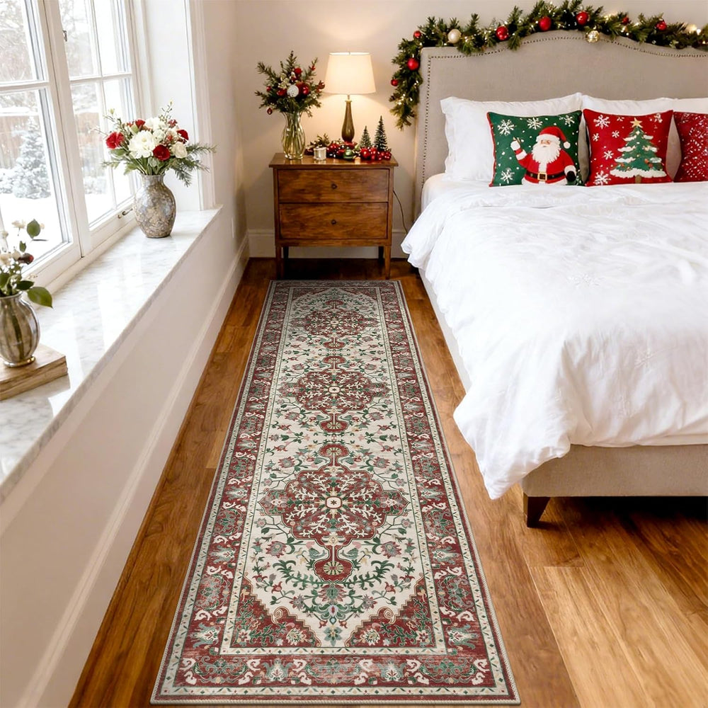 2' x 8' Christmas Hallway Runner Rug, Non Slip Accent Rug, Red