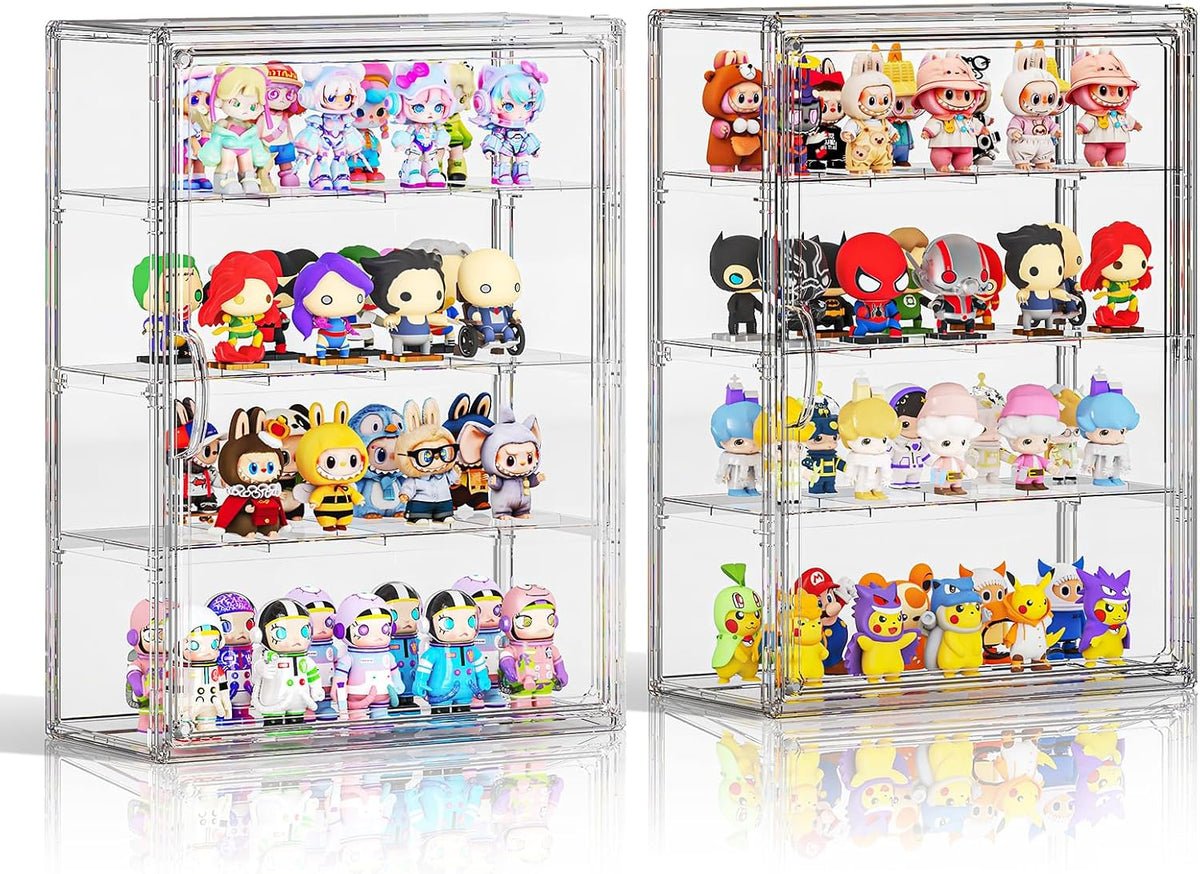 Clear 4 Tiers Acrylic Display Case for Figures Collectibles Wall Mounted Hobby Figurine Display Case with Shelves, Display Shelf Storage Box for Labubu Action Figures, Car Model, XXL, 2 Pack