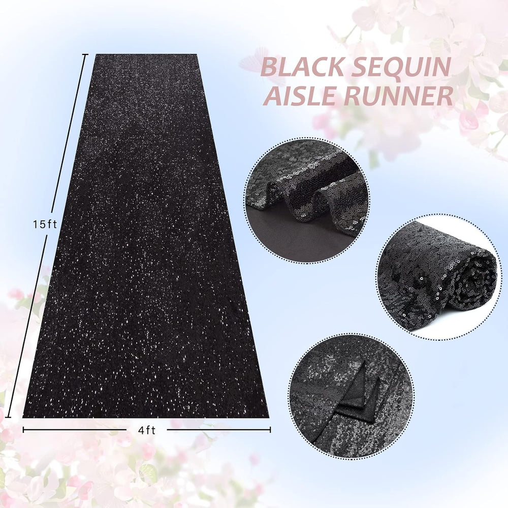 Wedding Aisle Runner: 4FT×15FT Sequin Fabric - Black Sparkly Carpet Runner fo...
