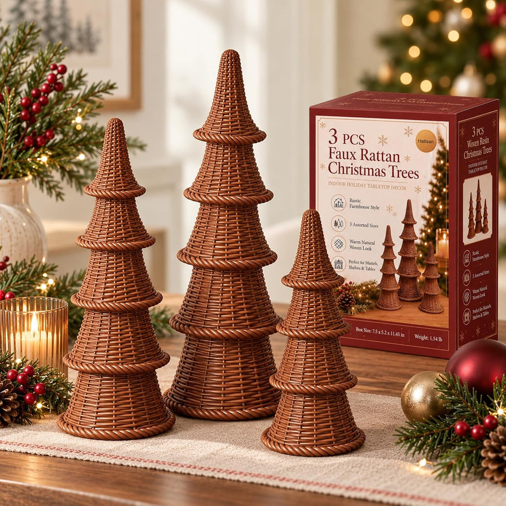 3PCS Resin Christmas Trees, Woven Style Tabletop Decor, Gift Box Set