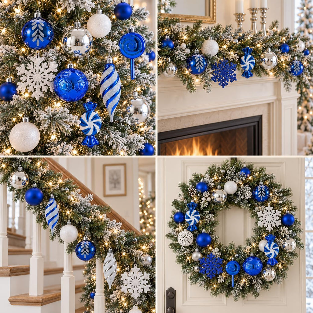 blue, silver & white christmas ball ornaments, shatterproof, package contents