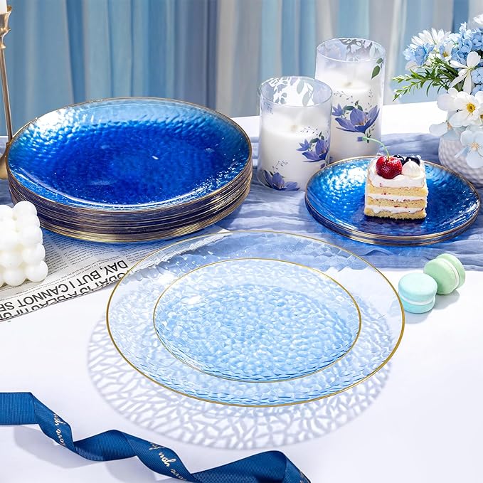 Rubtlamp 100 Pcs Blue And Gold Plastic Plates - 10 inch Clear Blue Gold Dinner Plates - Hammer Pattern Design - Fancy Disposable Plates - Heavy-Duty Party Plate for All Occasions
