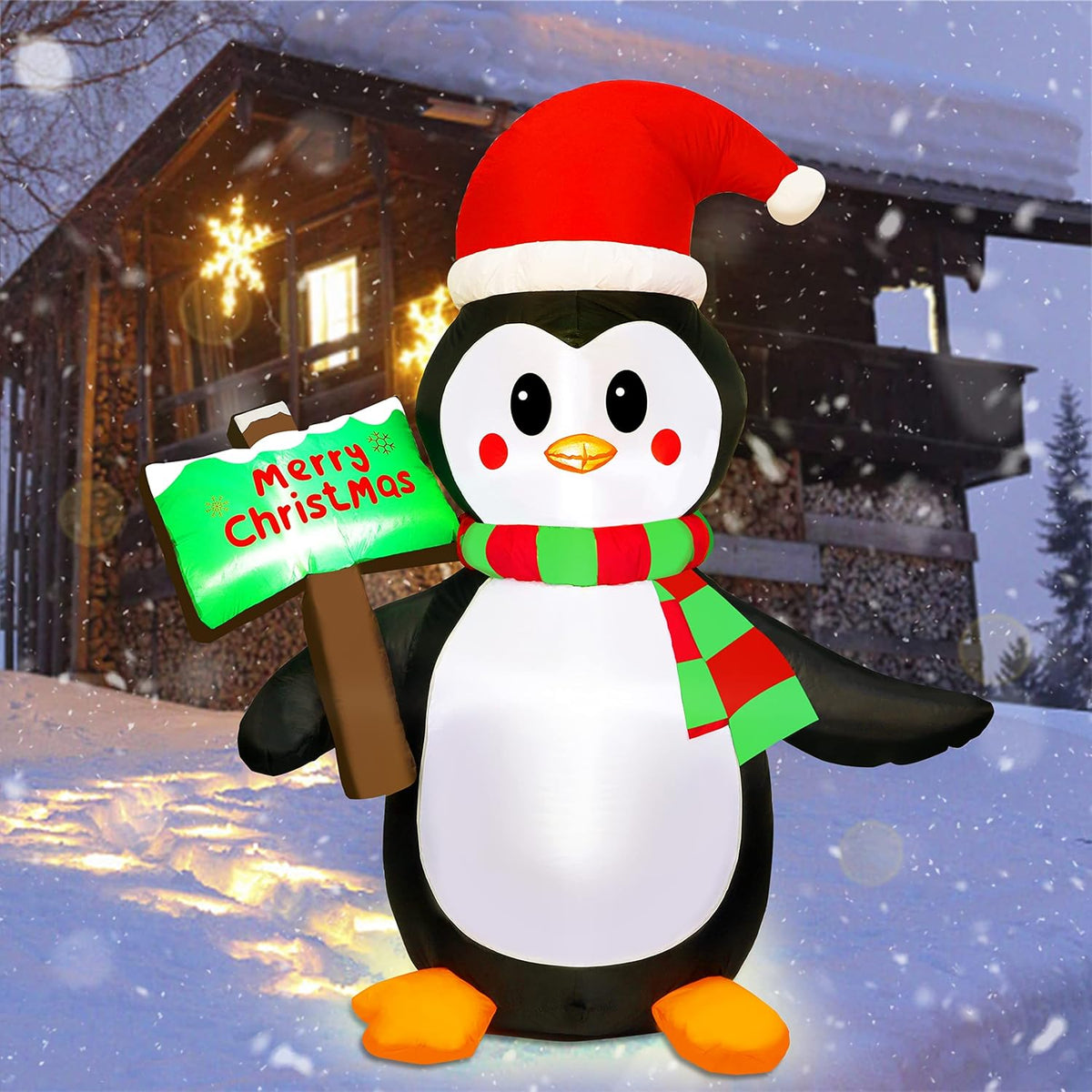 ATDAWN 5ft Christmas Inflatables Blow Up Yard Decorations, Inflatable Penguin Outdoor Decoration with Merry Christmas Sign