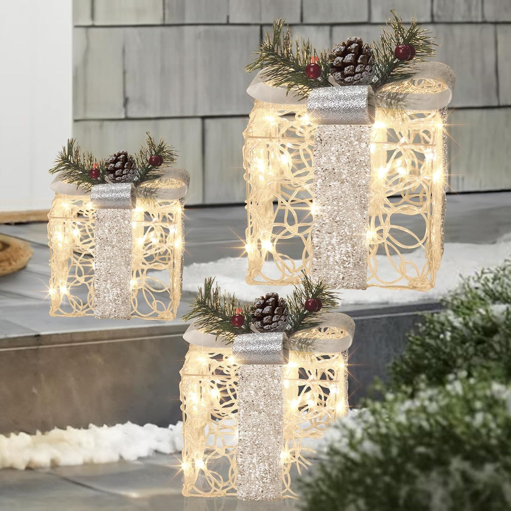 Vanthylit Christmas Lighted Gift Boxes, Set of 3 White Gift Box with 48 Warm White Lights, Outdoor Decorations Plug in for Yard Lawn Porch Holiday