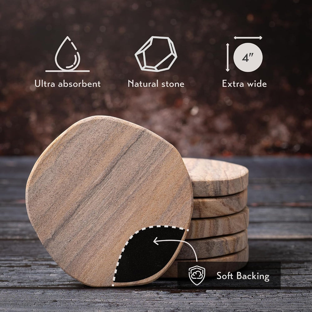 Cork & Mill Absorbent Sandstone Coasters for Drinks, Set of 6