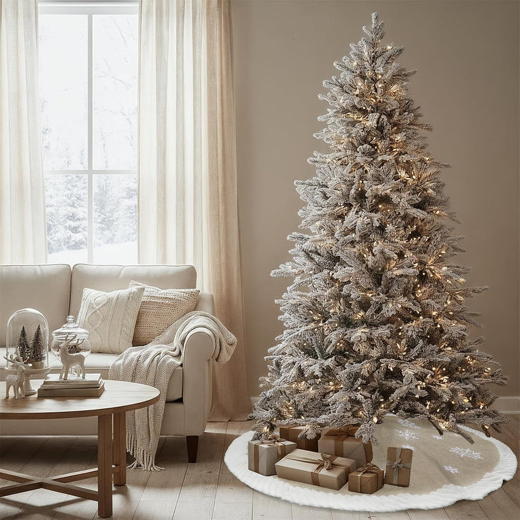 AerWo 60 inch Christmas Tree Skirt with White Snowflake, Large Burlap Tree Skirts with Fur Border, Rustic Farmhouse Tree Skirt for Xmas Tree Decorations Indoor Outdoor Holiday Decor