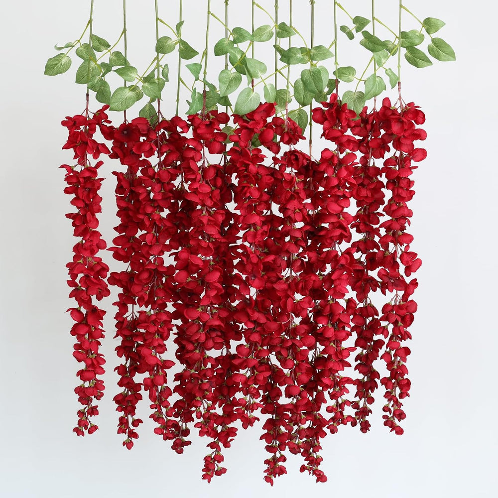 mizii 6Pcs Red Wisteria Hanging Flowers 48" Silk Wisteria Artificial Flo...