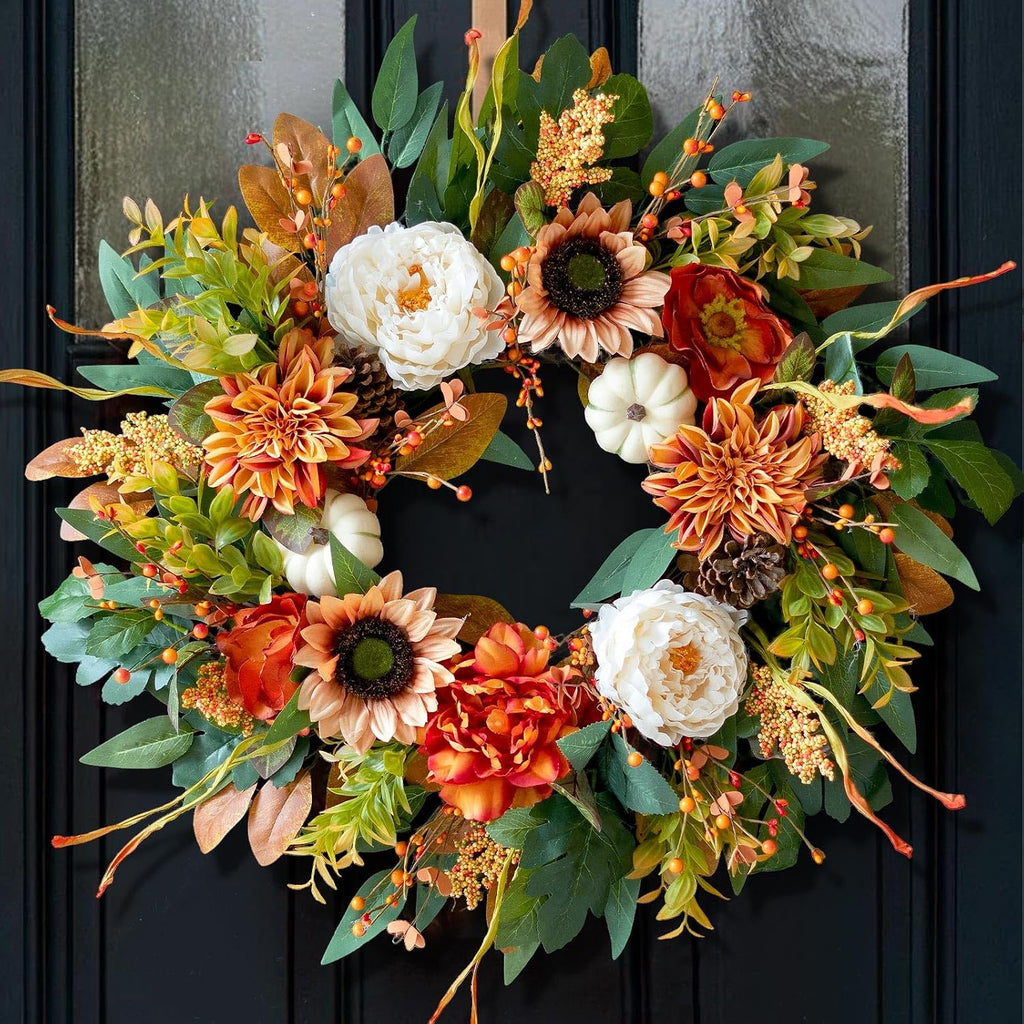 24 Inch Harvest Fall Wreaths for Front Door Outside with Sunflowers,Peony