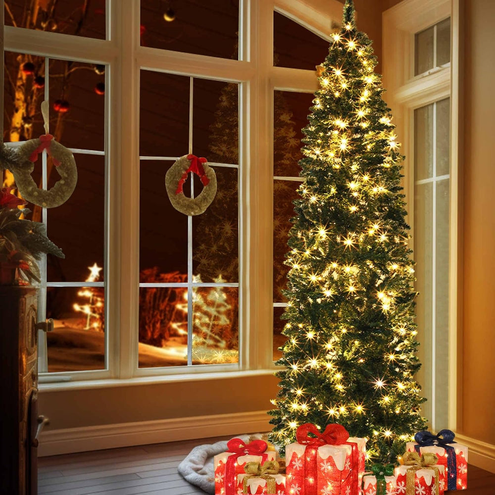 6Ft Prelit Pencil Christmas Tree with 240 Warm White&Colors Changing Lights