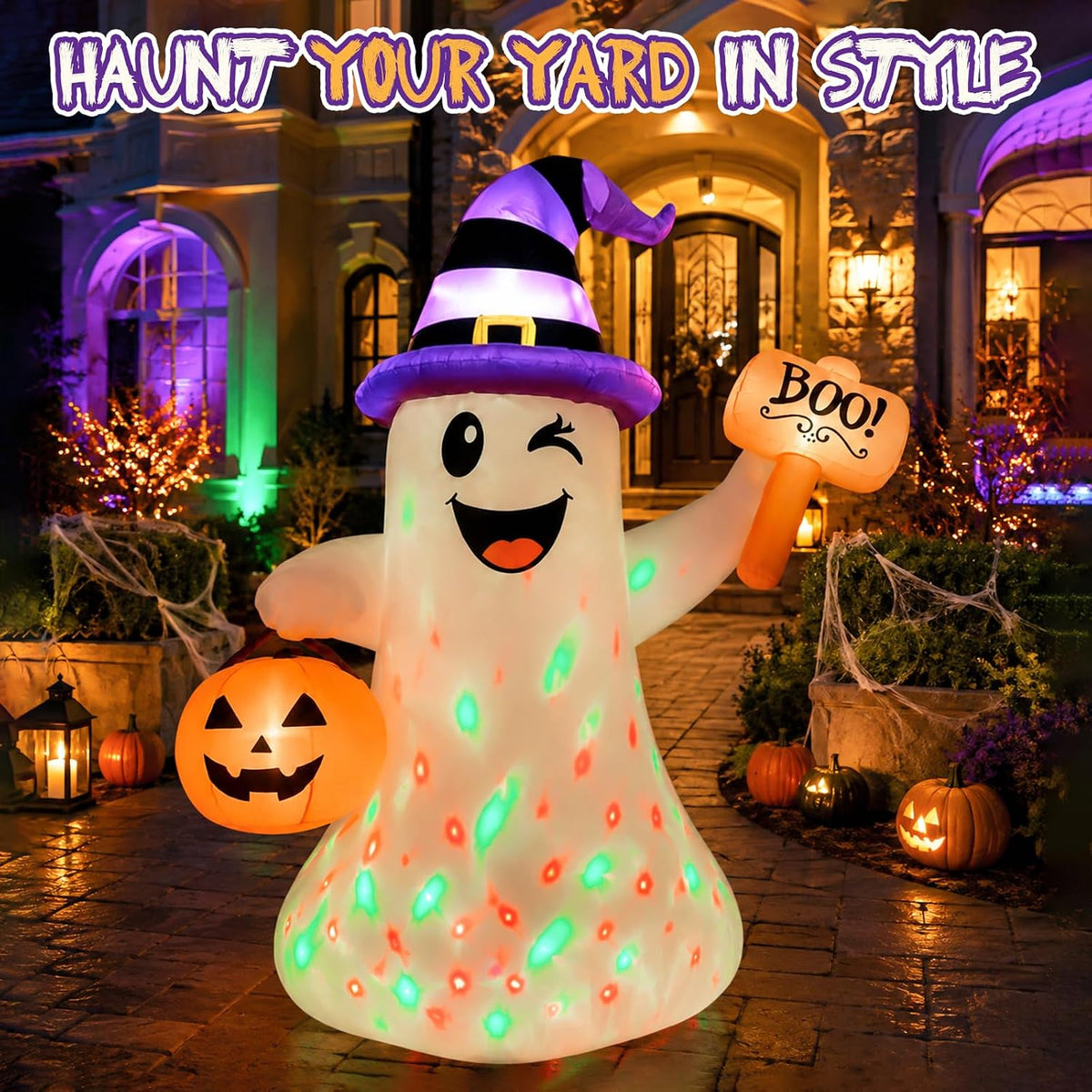 4.5 ft halloween inflatables ghost with pumpkin boo shown in use