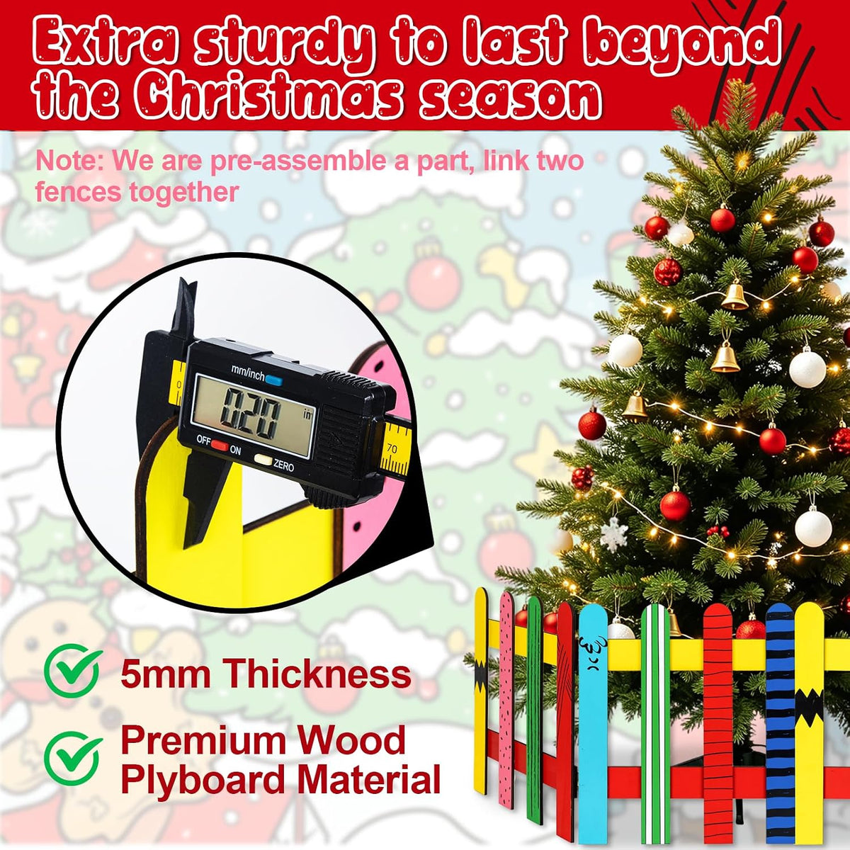12 inch yellow cartoon wooden christmas tree fence, close-up detail