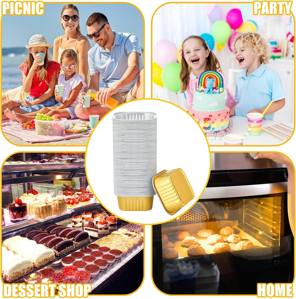 Hushee 300 Set Aluminum Foil Baking Cups with Lid Spoons, Square, Gold