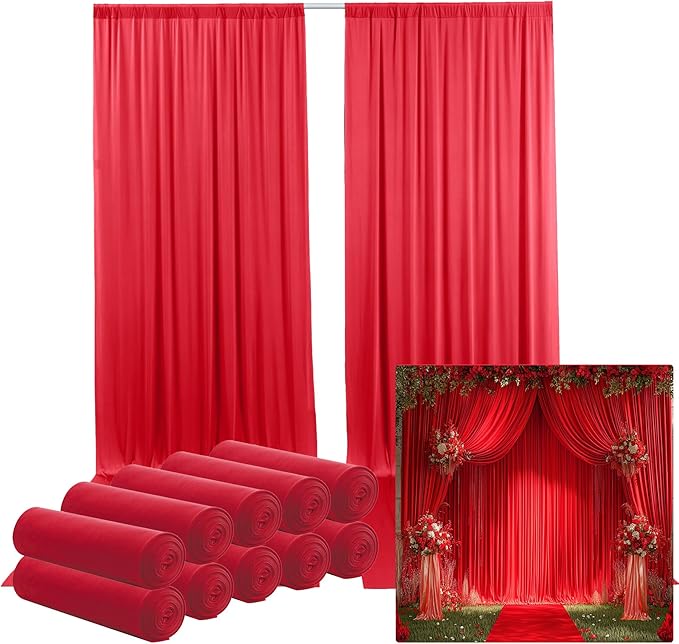 50ftx12ft Wrinkle Free Red Backdrop Curtain, 10 Panels 12FT Height Red Wedding Backdrop Drapes, Silky Polyester Back Drop Cloth for Birthday Photography Background Party Backdrop Draping