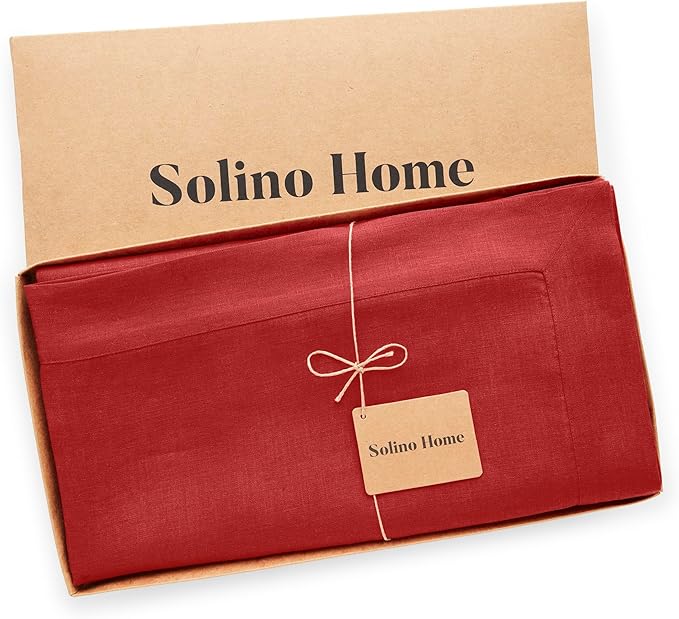Solino Home Linen Red Tablecloth 60 x 102 Inch - 100% Pure Linen Rectangular Tablecloth - Machine Washable Table Cloth for Christmas, Holiday - Fete
